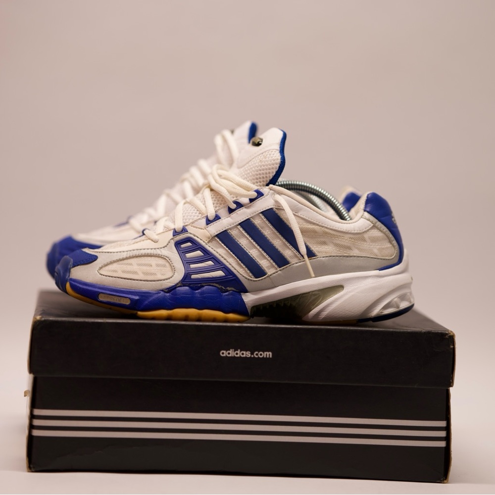 Blue and white Adidas volleyball shoes, worn once